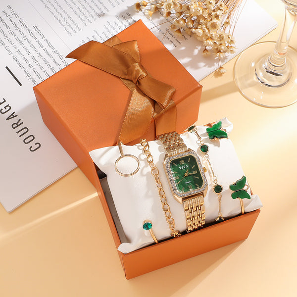 Goldenes Uhr- & Armband-Set „Emerald Butterfly“ – 5-teiliges Schmuckgeschenk für Frauen in Geschenkbox