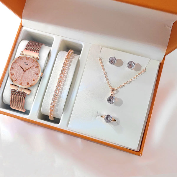 Roségoldenes Uhr- & Schmuckset – 5-teiliges Geschenkset für Damen mit Armband, Kette, Ring & Ohrringen