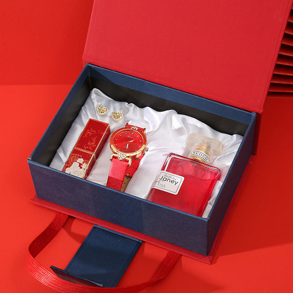 Luxuriöses Damen Geschenkset mit Uhr, Parfum & Lippenstift – edle Geschenkbox (rot oder orange)