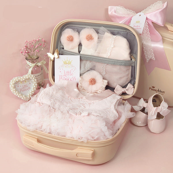 Prinzessinnen Kleid-Set für Babys – inkl. Geschenkbox, Schuhe & Accessoires (Größen: 66–90)